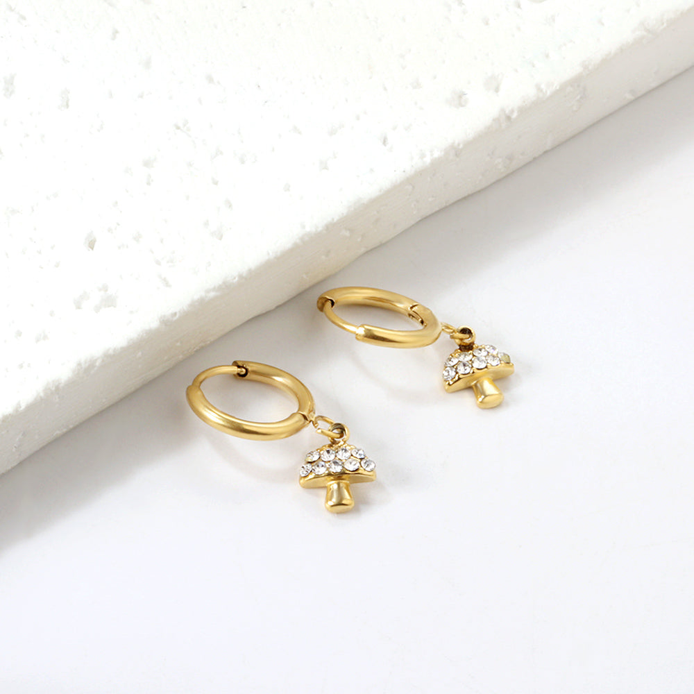 Wholesale Stainless Steel Circle with Mushroom White Diamonds Earrings