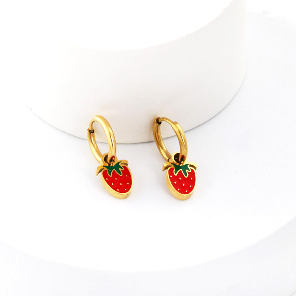 Bulk 18K Gold Strawberry - design Enamel Drop Earrings Red Freshness