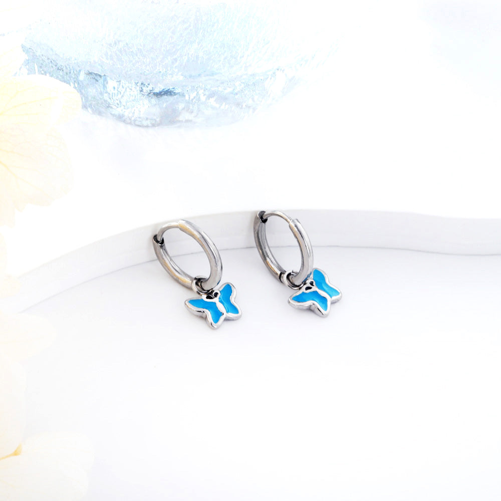 Wholesale 18K Gold Blue Bow Enamel Drop Earrings Silver - blue Style