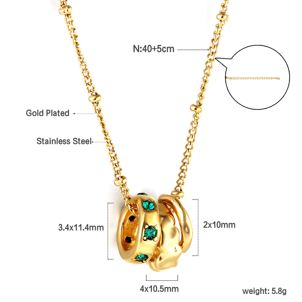 Wholesale Stainless Steel Gold Tone Green Gem Hoop Pendant Necklace Luxurious Touch