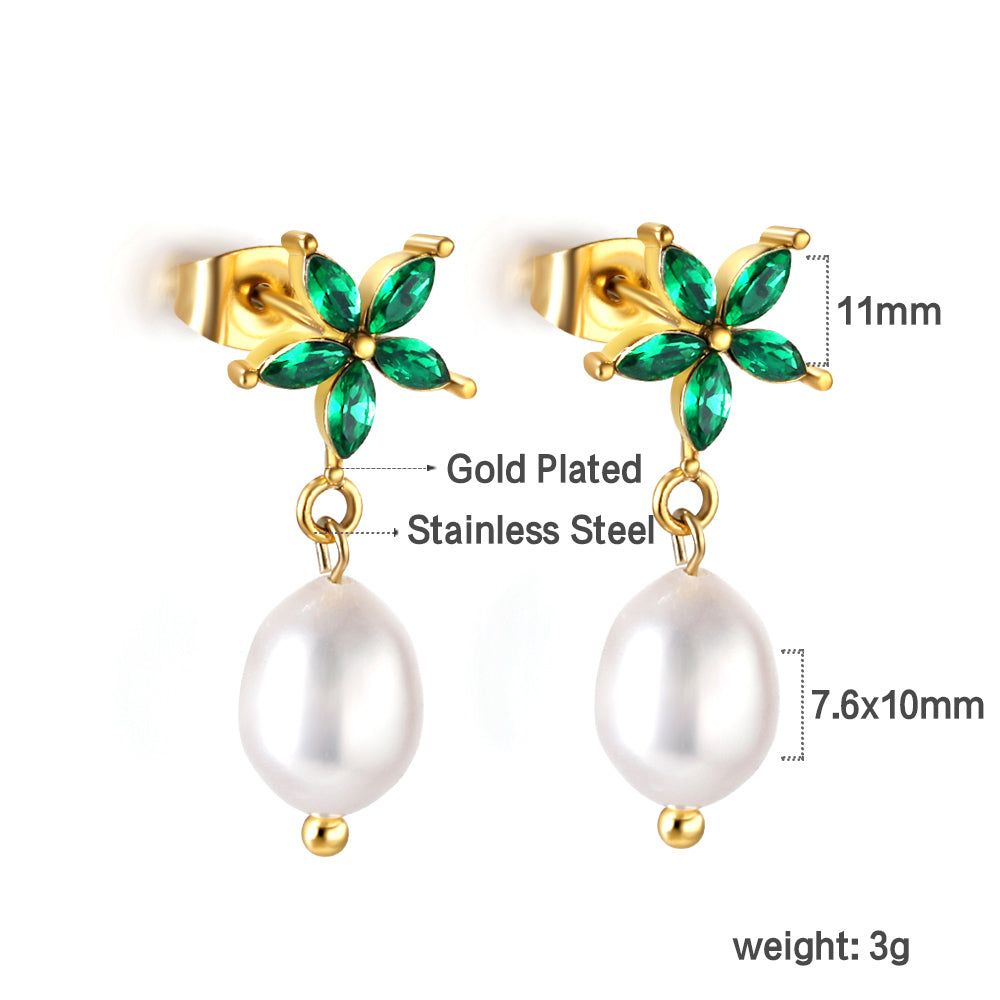 Bulk 18K Gold Green Leaf - pearl Studs Fresh Charm