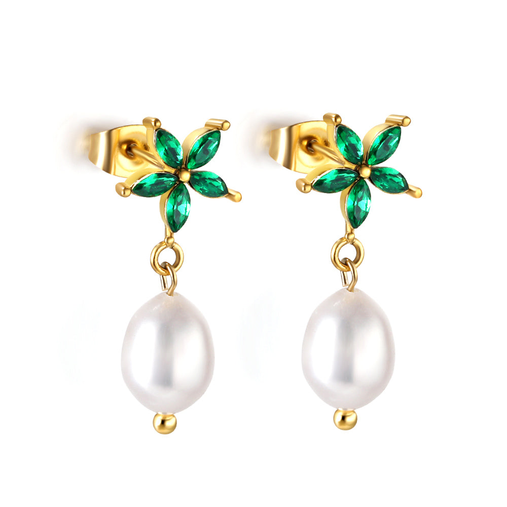Bulk 18K Gold Green Leaf - pearl Studs Fresh Charm