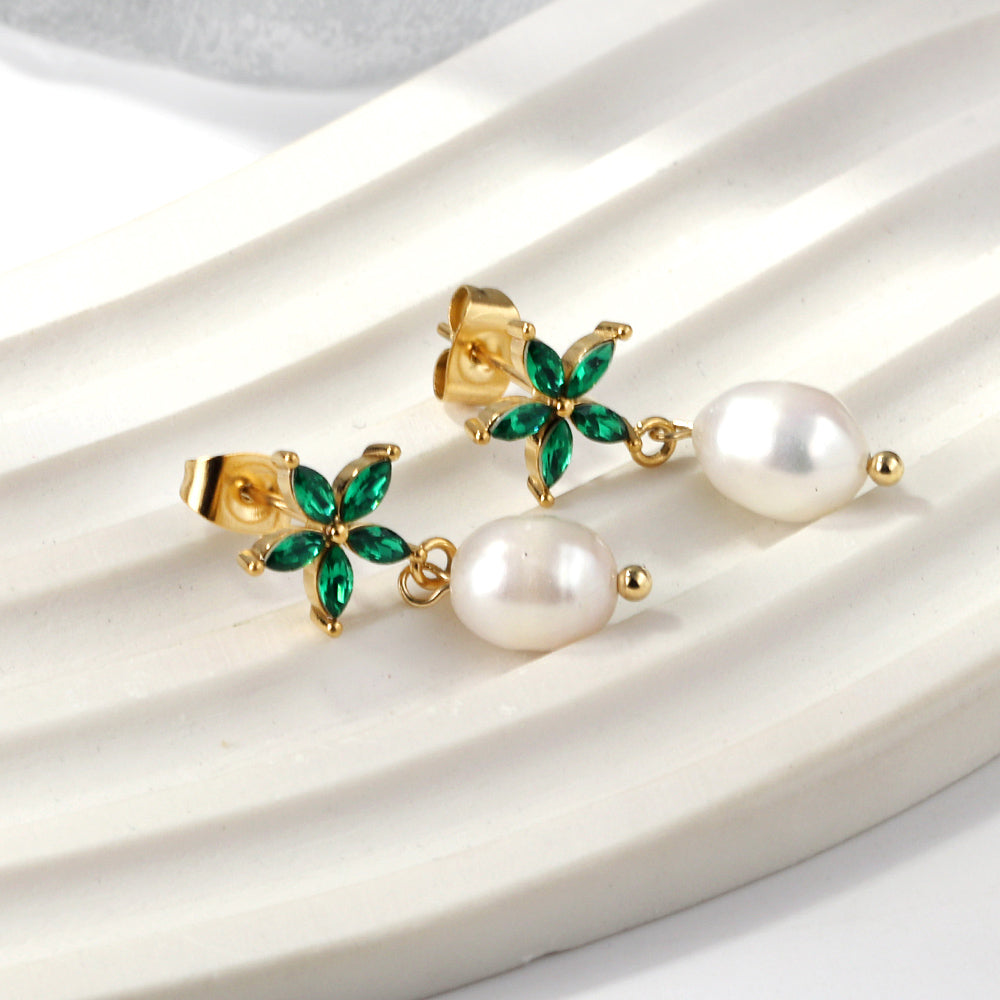 Bulk 18K Gold Green Leaf - pearl Studs Fresh Charm