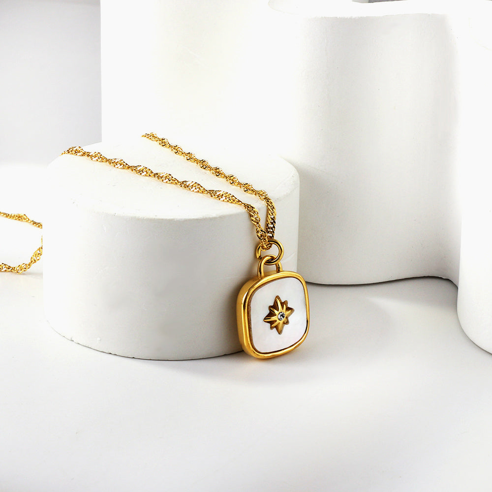 Wholesale Stainless Steel Gold Tone Square with Star Pendant Necklace Chic Design