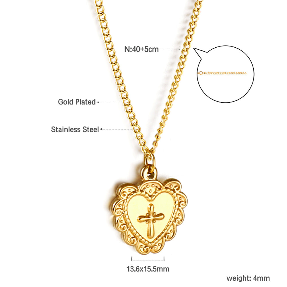 Bulk Stainless Steel Gold Tone Heart with Cross Pendant Necklace Sacred Elegance