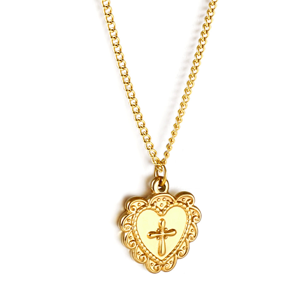 Bulk Stainless Steel Gold Tone Heart with Cross Pendant Necklace Sacred Elegance