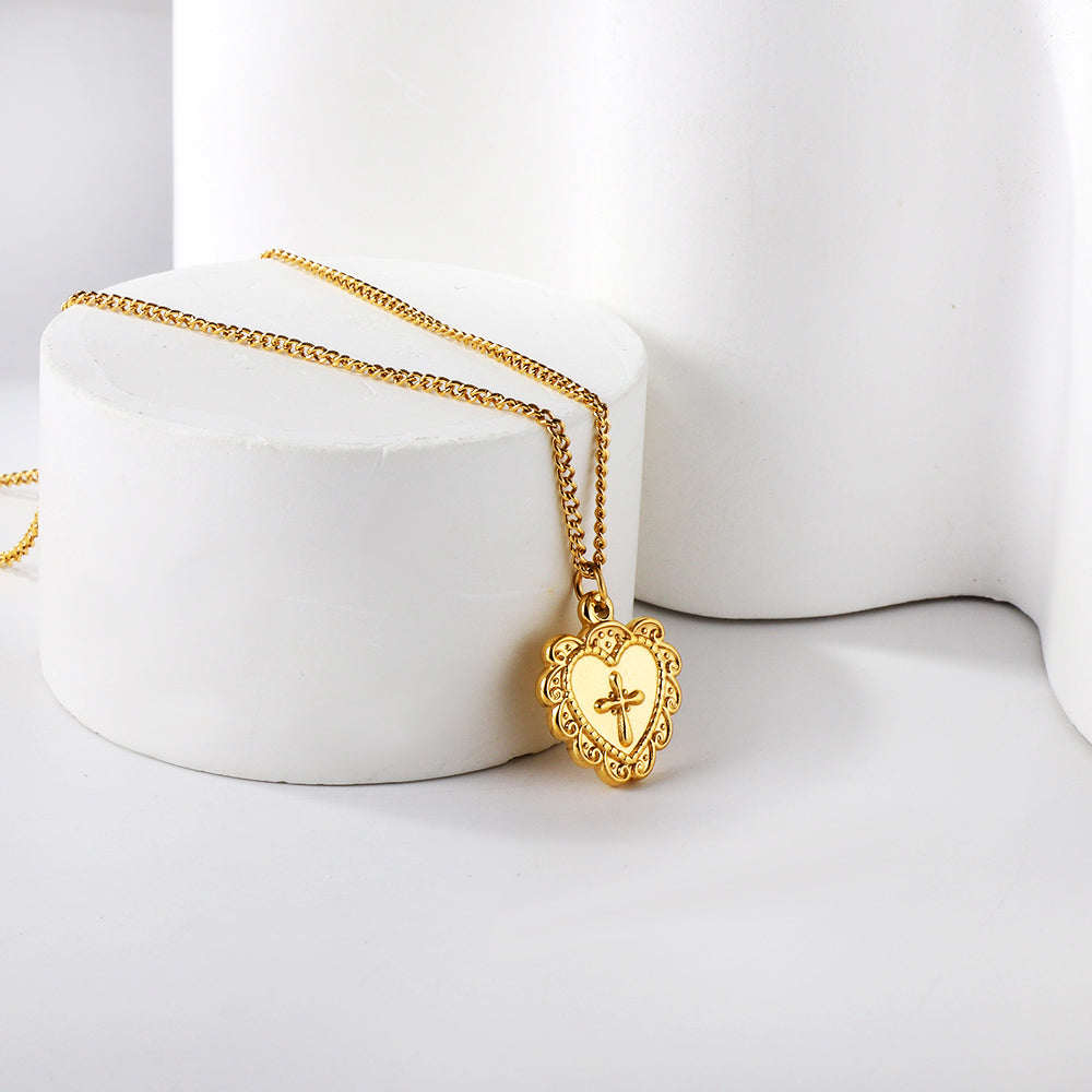 Bulk Stainless Steel Gold Tone Heart with Cross Pendant Necklace Sacred Elegance