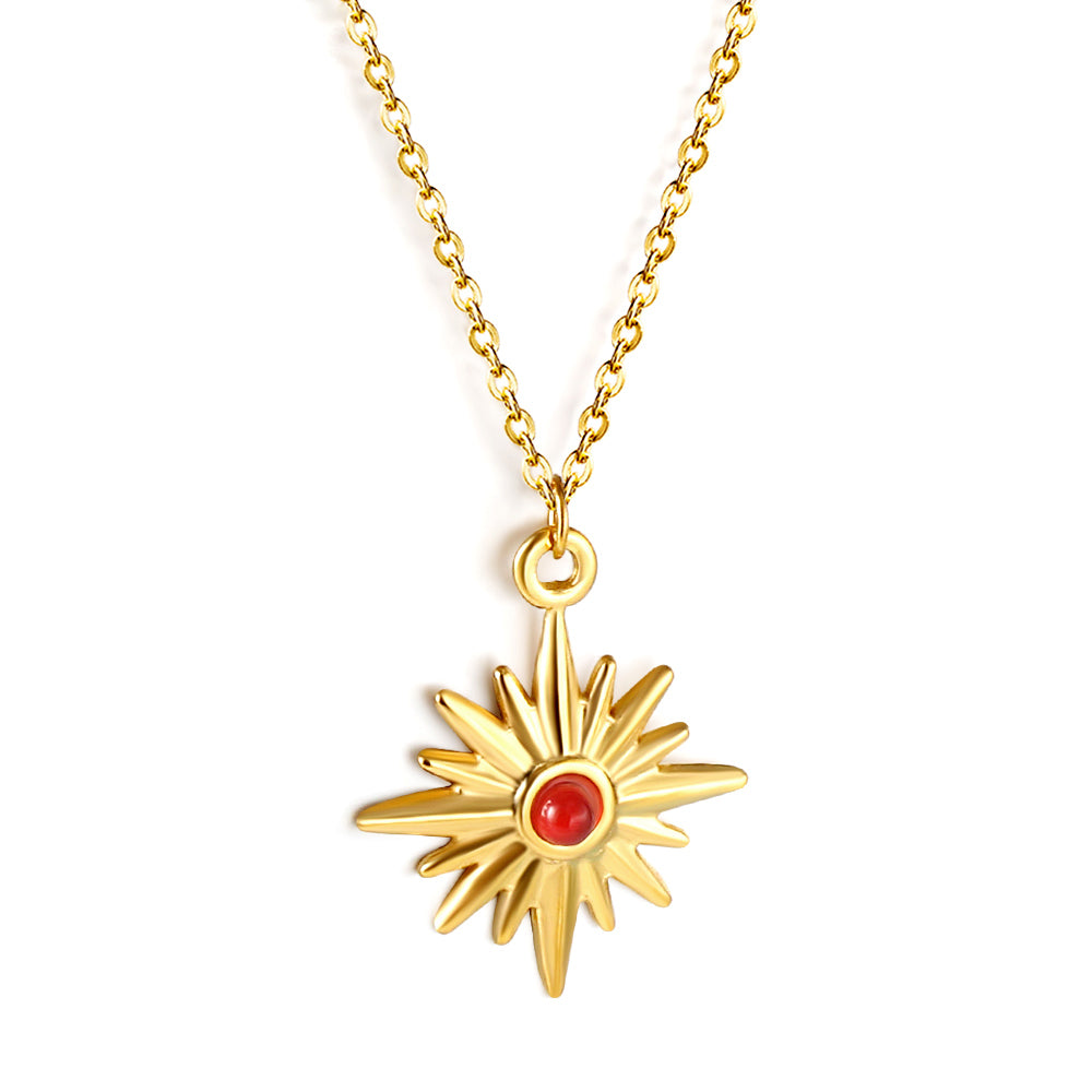 Bulk Stainless Steel Gold Tone Sun with Red Gem Pendant Necklace Bold Statement