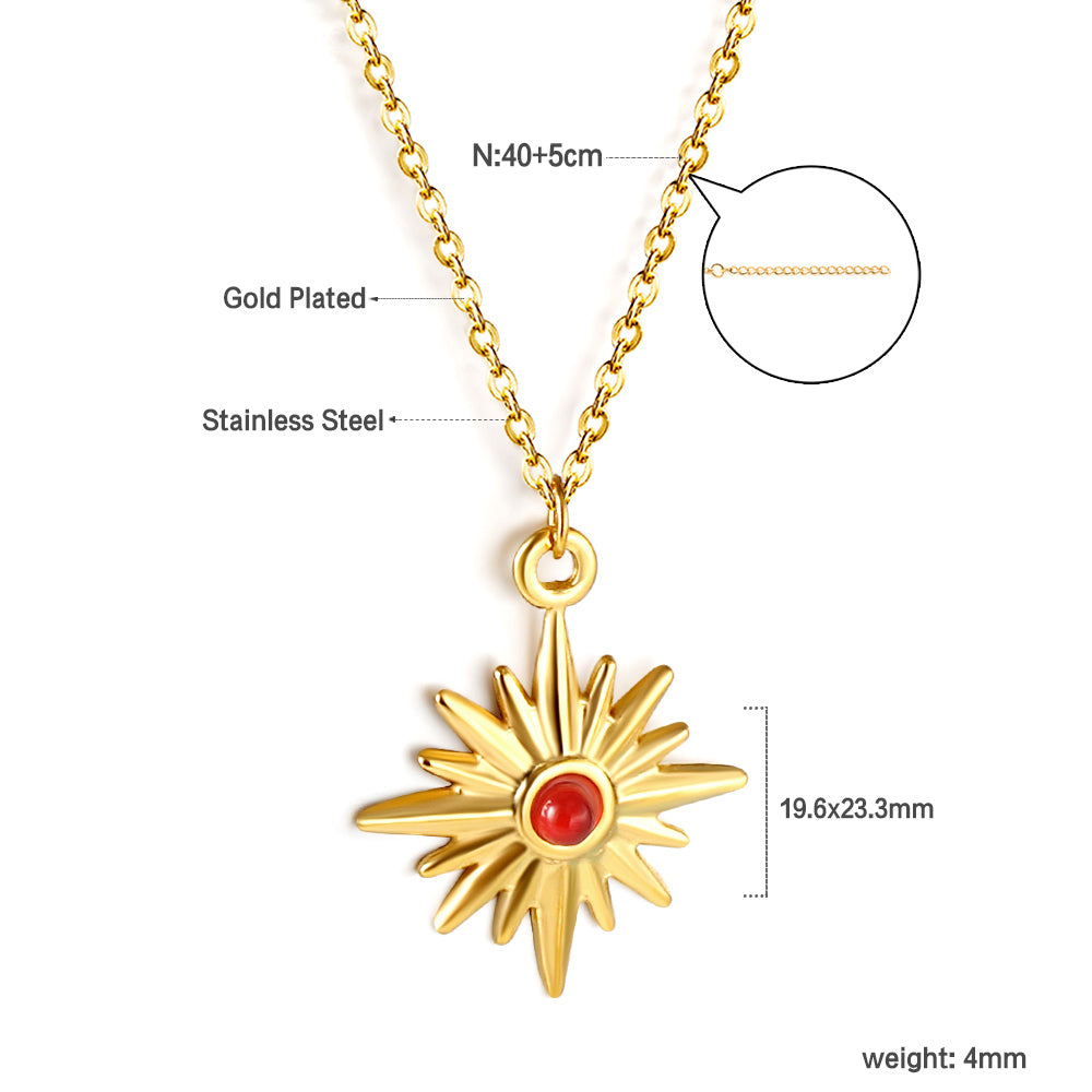 Bulk Stainless Steel Gold Tone Sun with Red Gem Pendant Necklace Bold Statement