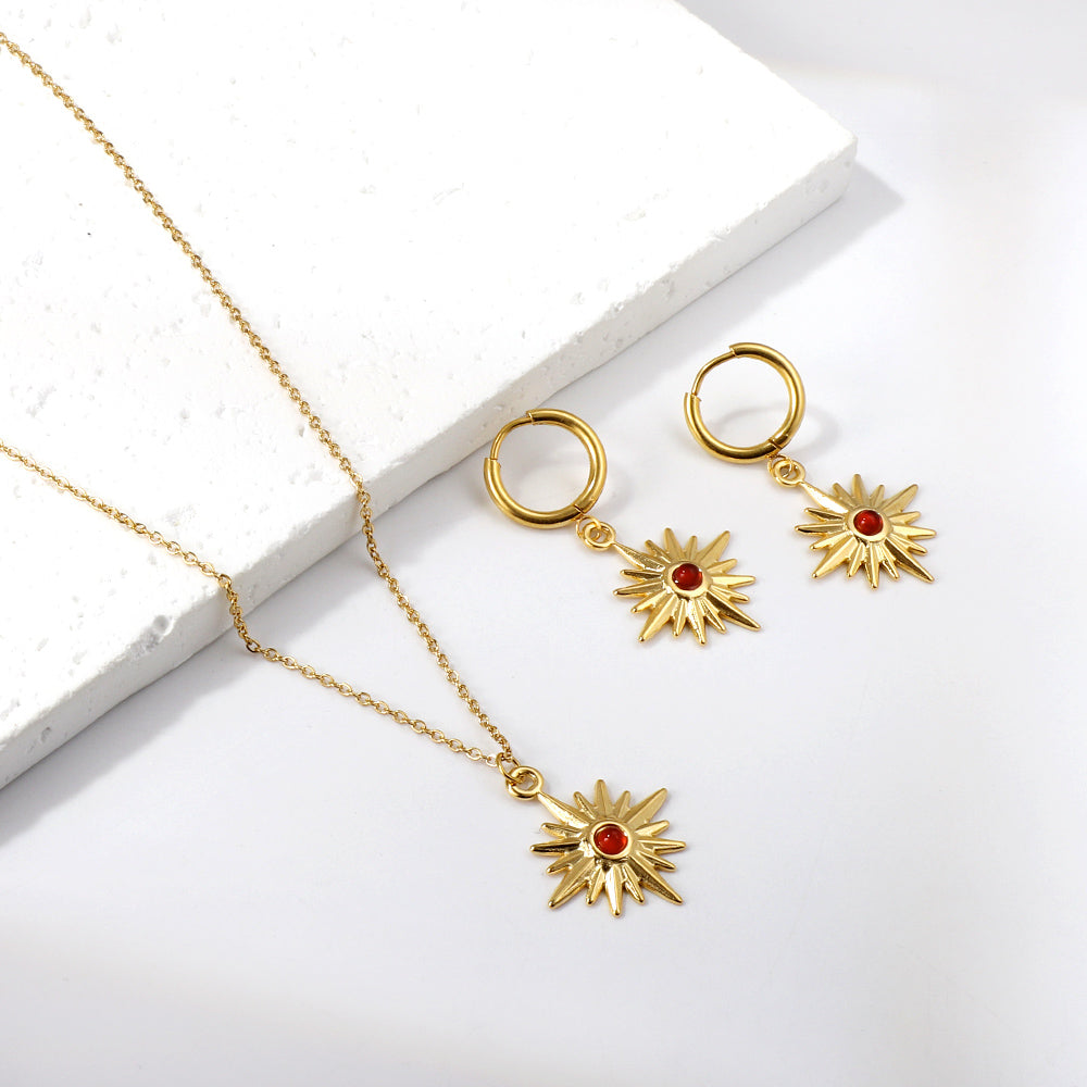 Bulk Stainless Steel Gold Tone Sun with Red Gem Pendant Necklace Bold Statement