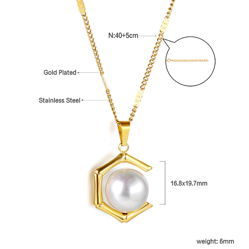 Wholesale Stainless Steel Gold Tone Hexagon Pearl Pendant Necklace Unique Design