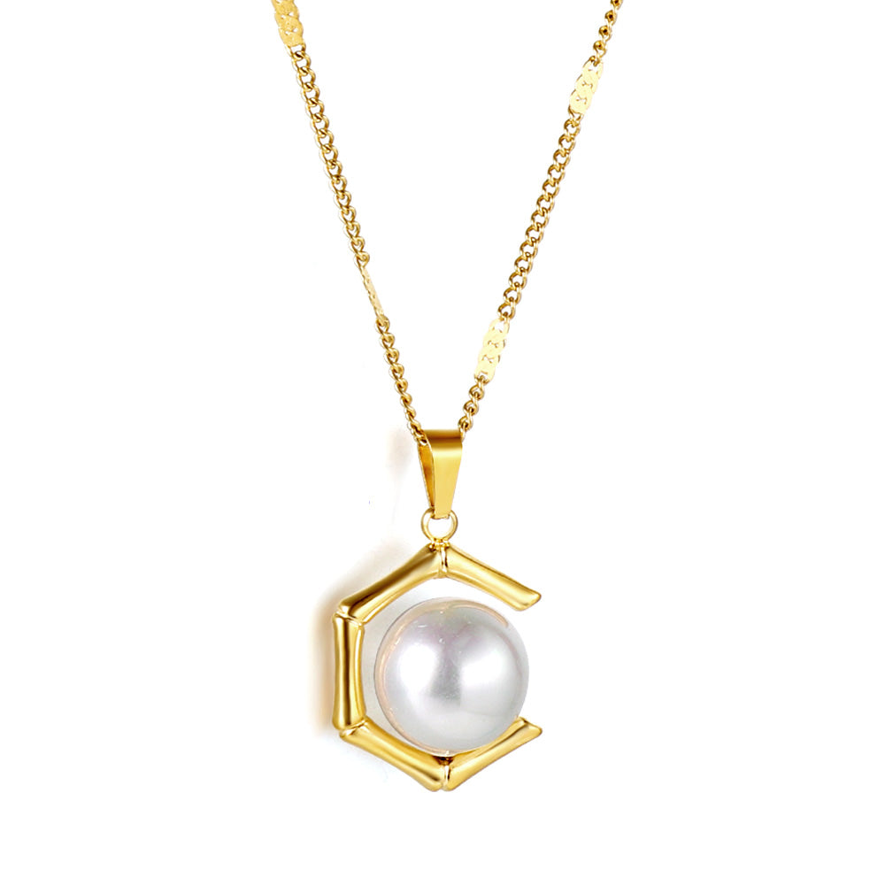 Wholesale Stainless Steel Gold Tone Hexagon Pearl Pendant Necklace Unique Design