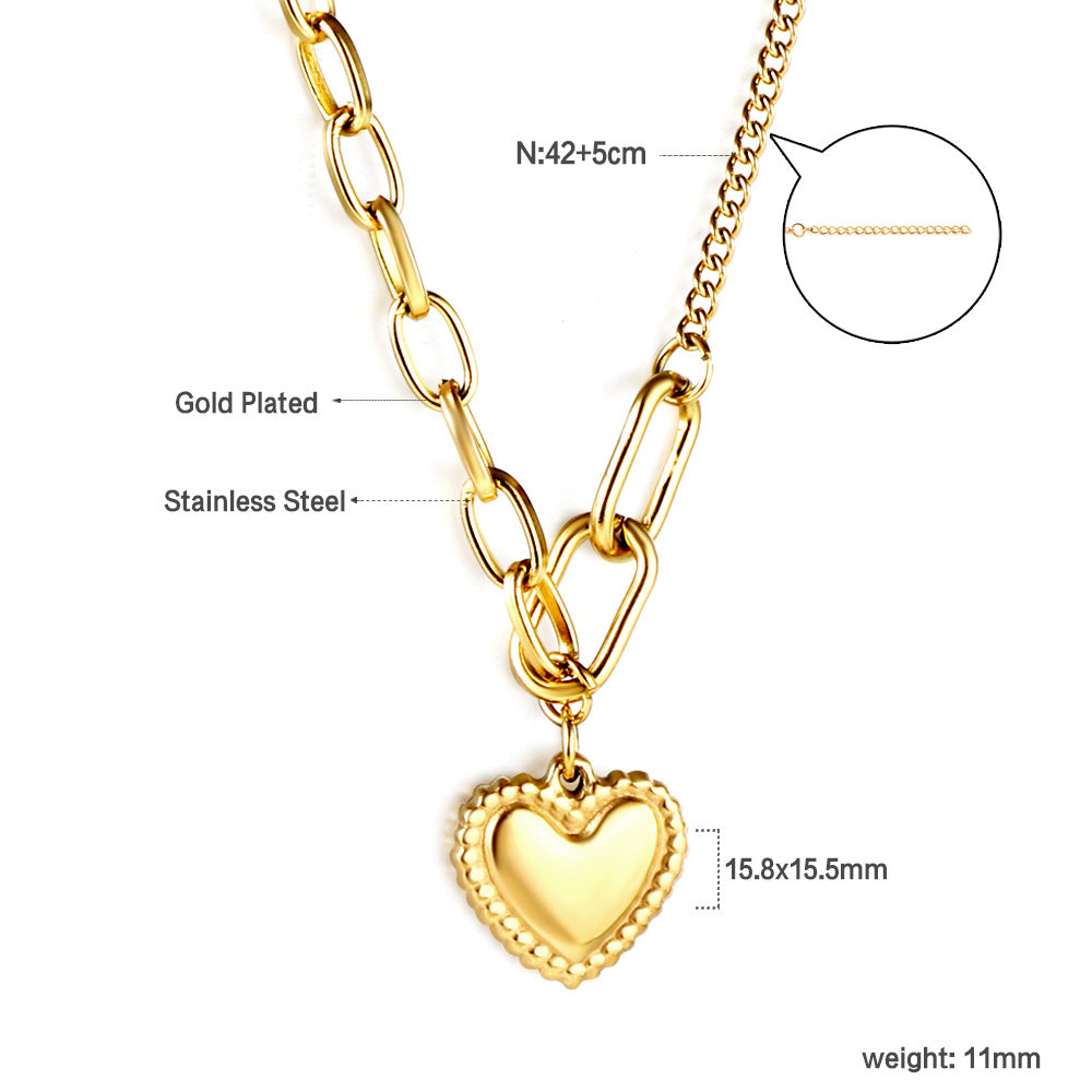 Wholesale Stainless Steel Gold Tone Heart Pendant Mixed Chain Necklace Elegant Allure