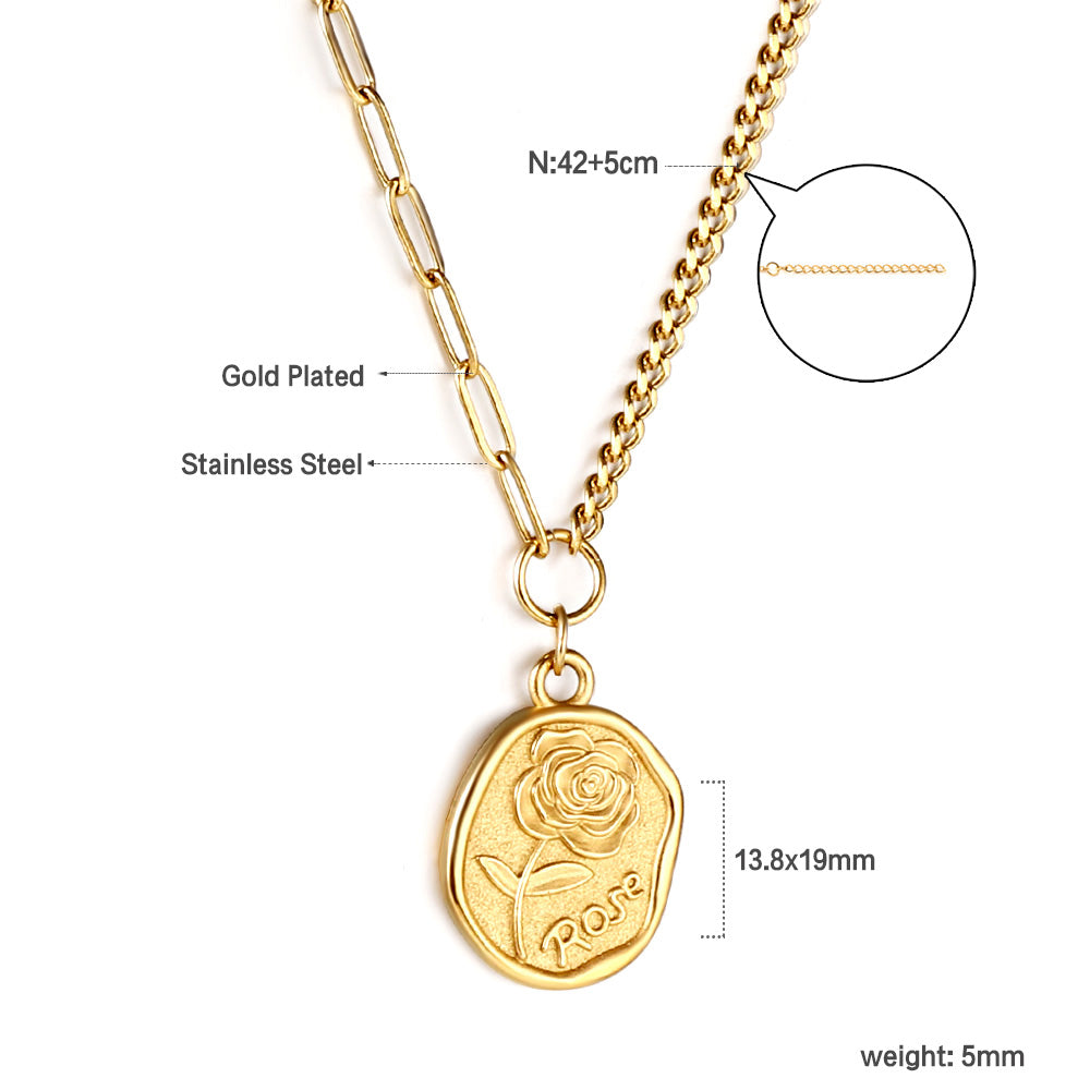 Bulk Stainless Steel Gold Tone Seal Pattern Pendant Mixed Chain Necklace Unique Edge