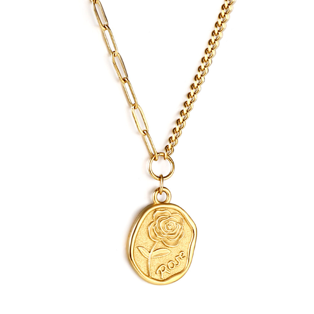 Bulk Stainless Steel Gold Tone Seal Pattern Pendant Mixed Chain Necklace Unique Edge