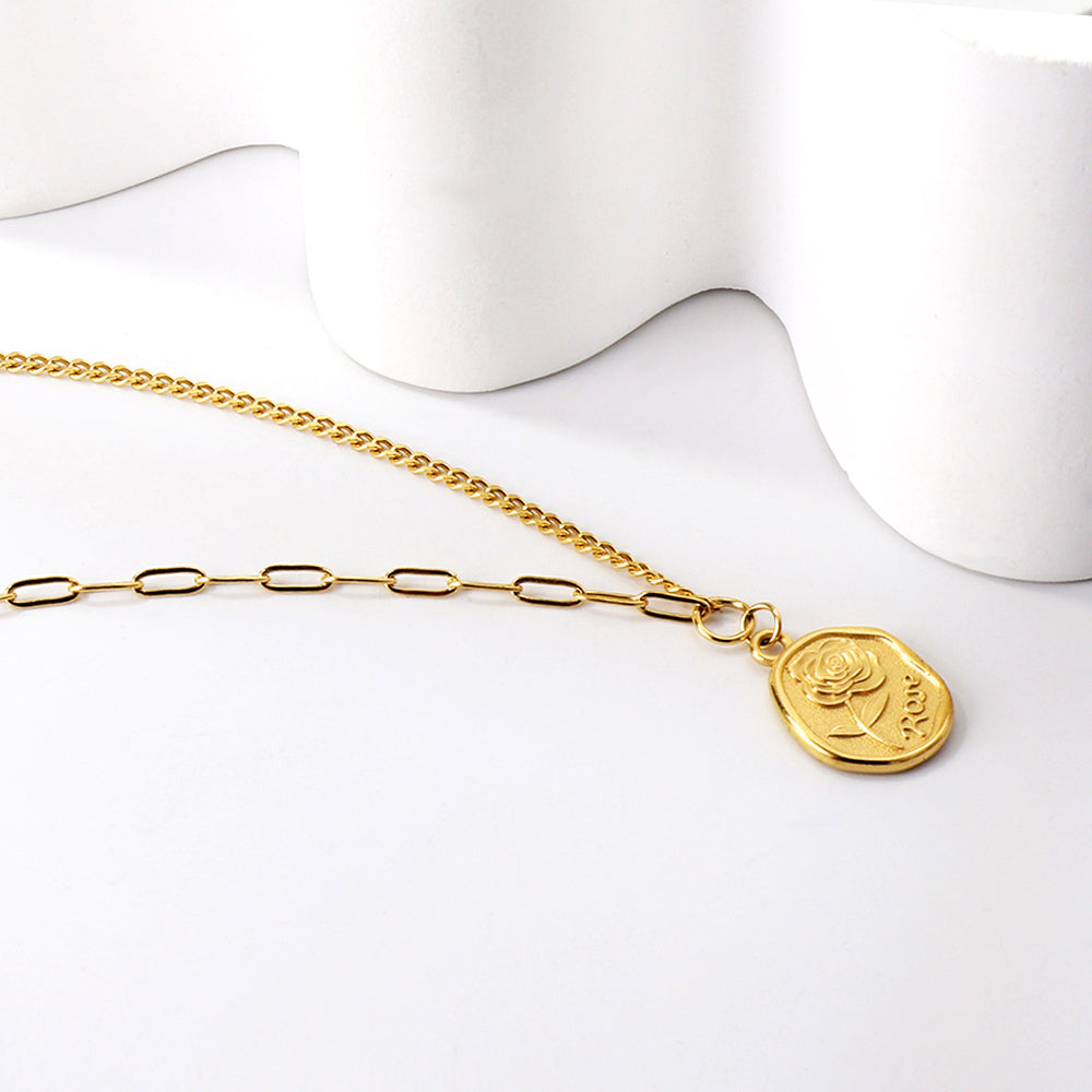 Bulk Stainless Steel Gold Tone Seal Pattern Pendant Mixed Chain Necklace Unique Edge