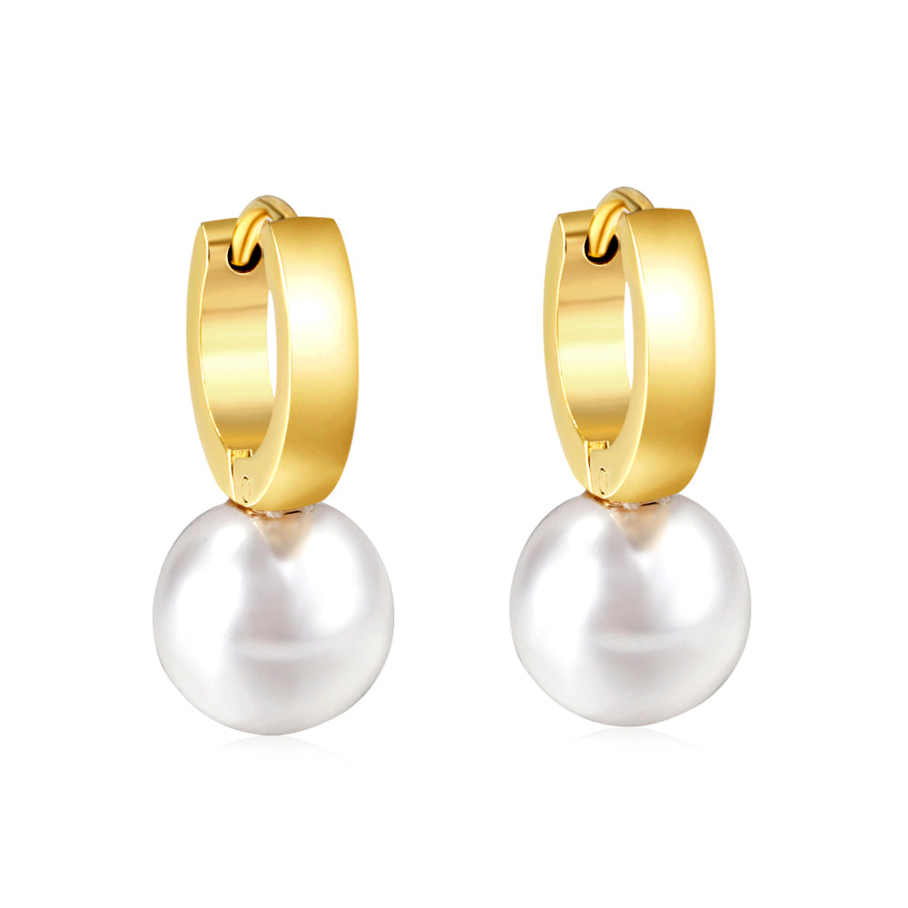 Wholesale Stainless Steel Circle with White Pearl Hoop Earrings