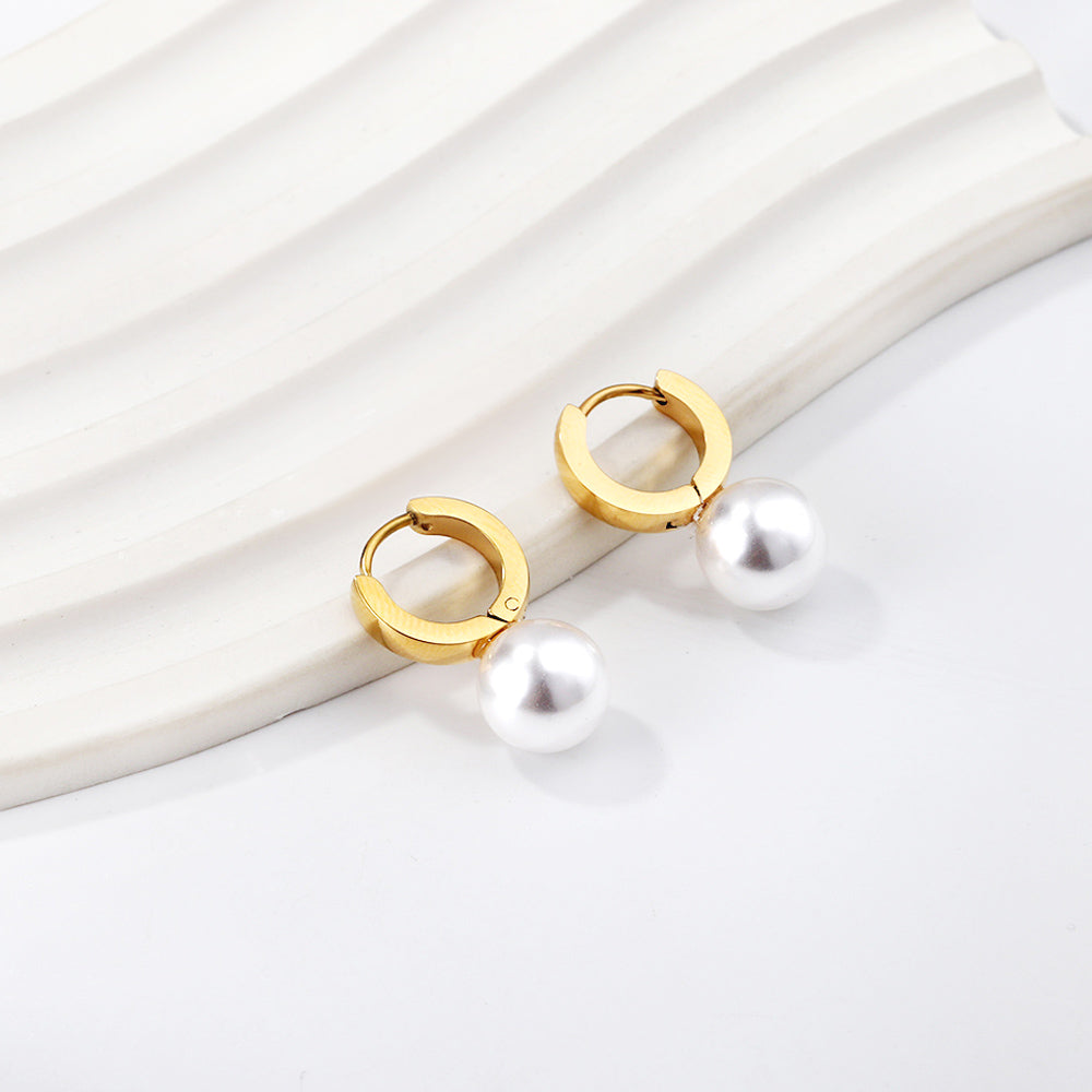 Wholesale Stainless Steel Circle with White Pearl Hoop Earrings