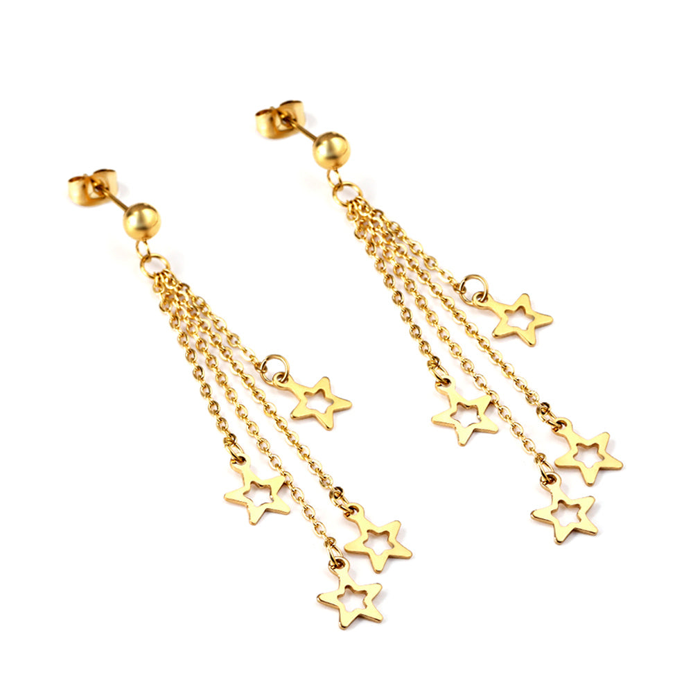 Wholesale 18K Gold Steel Beads with Long and Short Matching Chain 4 Stars Hollowed Out Earrings