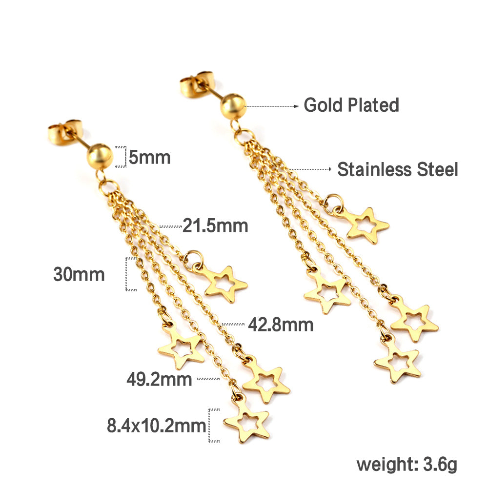 Wholesale 18K Gold Steel Beads with Long and Short Matching Chain 4 Stars Hollowed Out Earrings