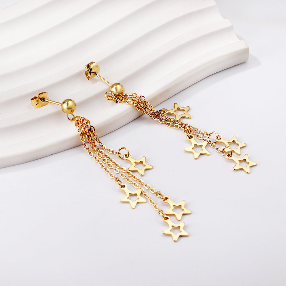 Wholesale 18K Gold Steel Beads with Long and Short Matching Chain 4 Stars Hollowed Out Earrings