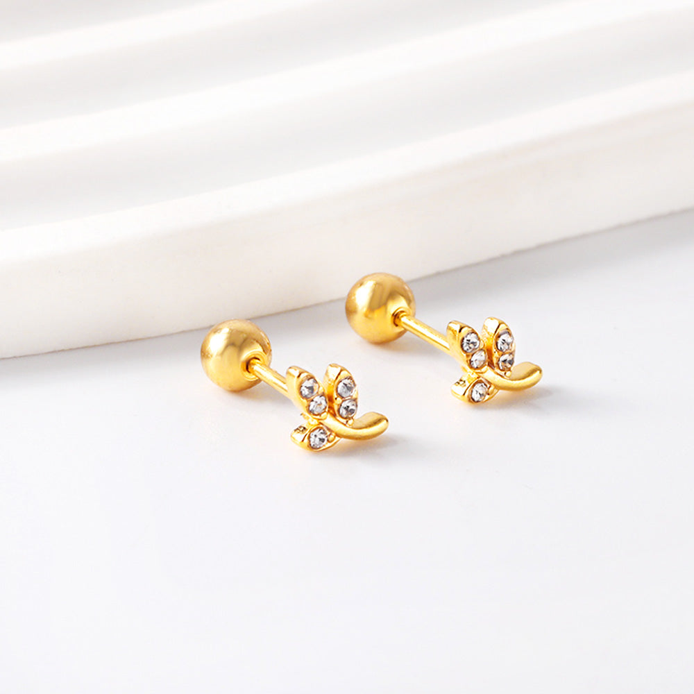 Wholesale 18K Gold Leaf Stud Earrings Sparkling Zirconia