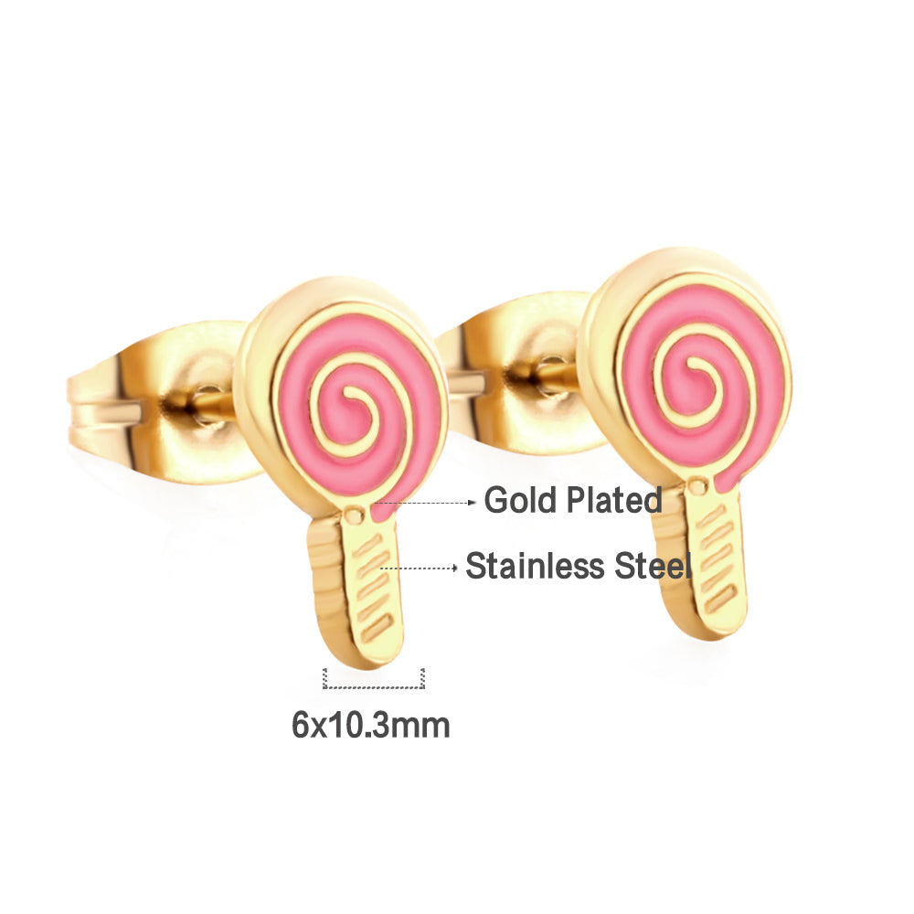 Bulk 18K Gold Pink Swirl Lollipop Earrings Sweet Design