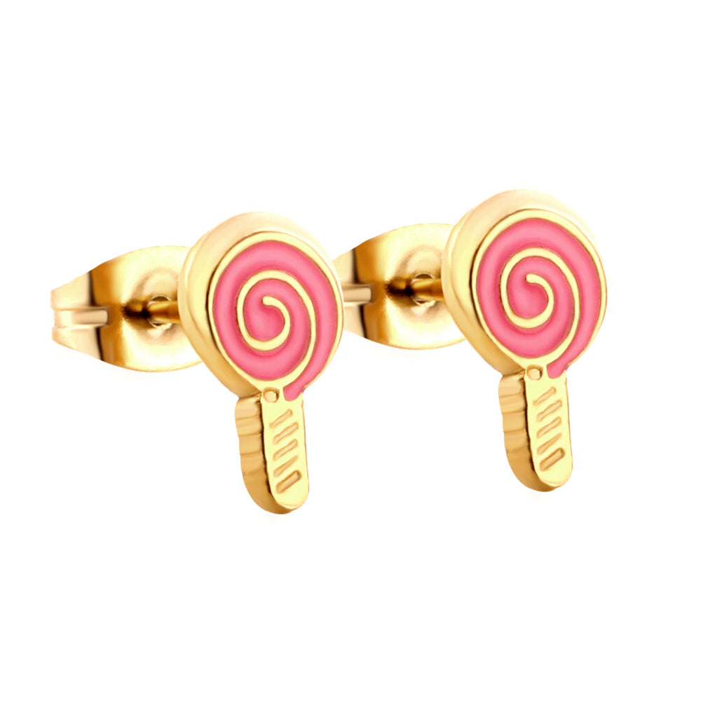 Bulk 18K Gold Pink Swirl Lollipop Earrings Sweet Design