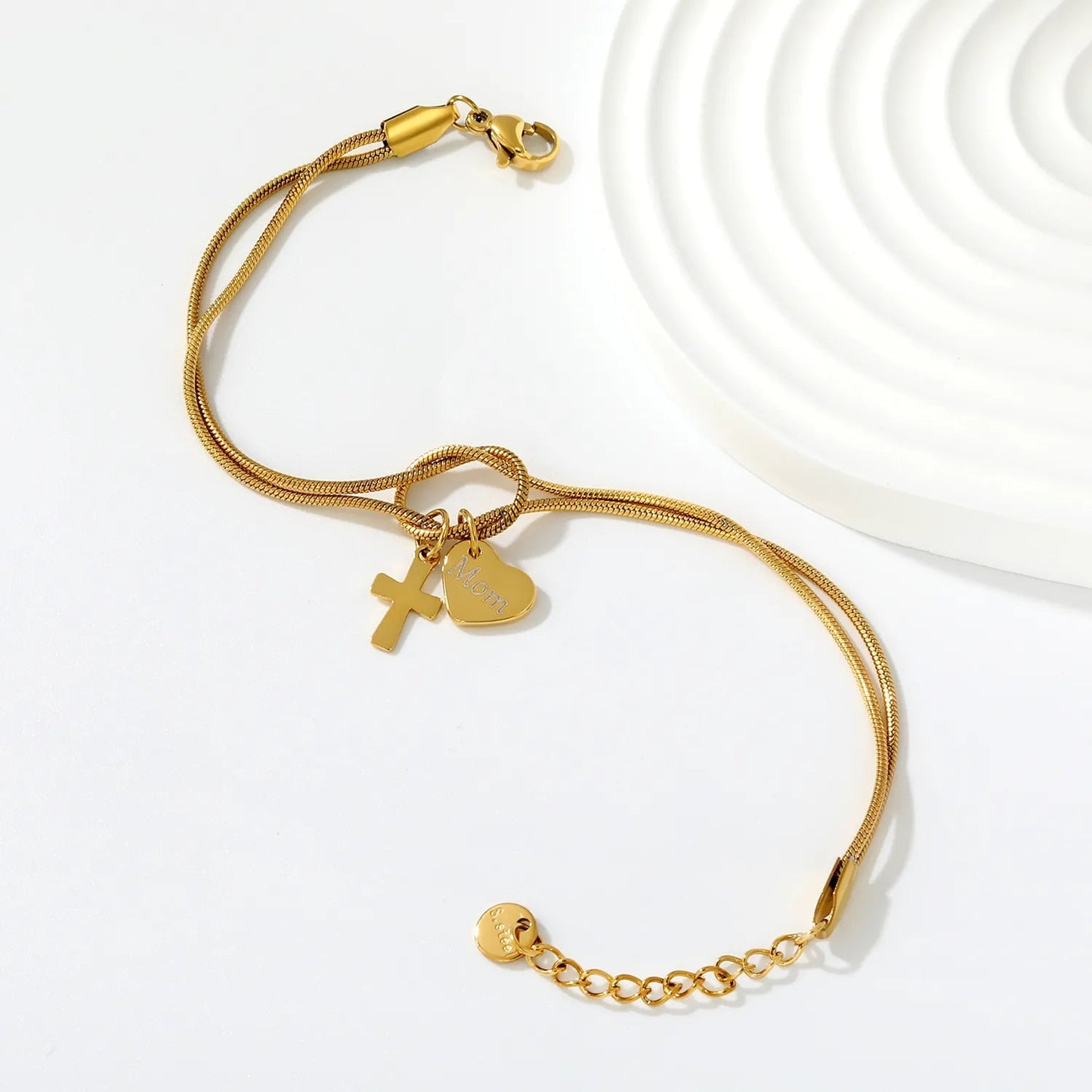 Mother's Day Knot Bracelet | 304L Steel Gold Cross Heart Mom Pendant