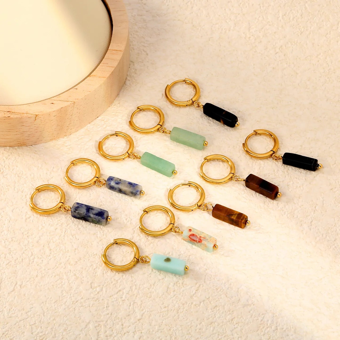 Boho Forest Hexagonal Natural Stone Cylinder Dangle Latch Back Hoop Earrings