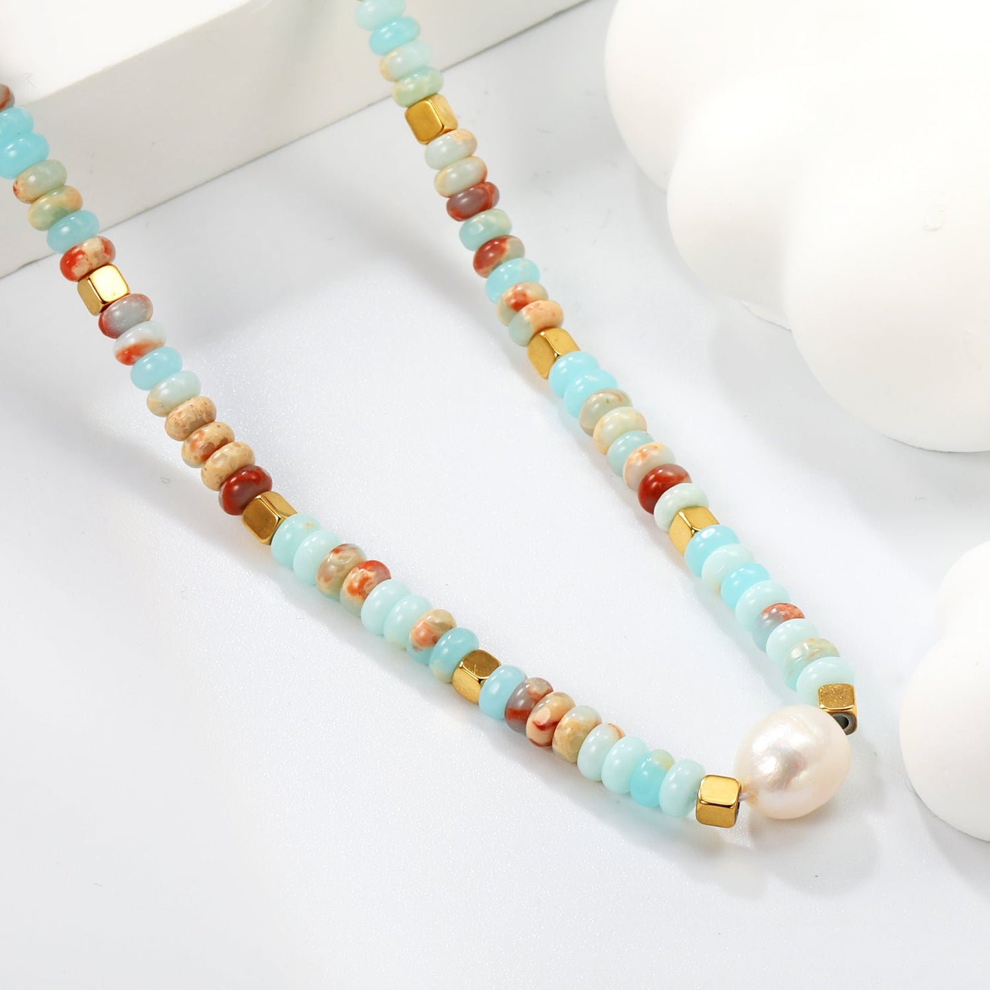 Natural Stone & Baroque Pearl Stainless Steel Necklace