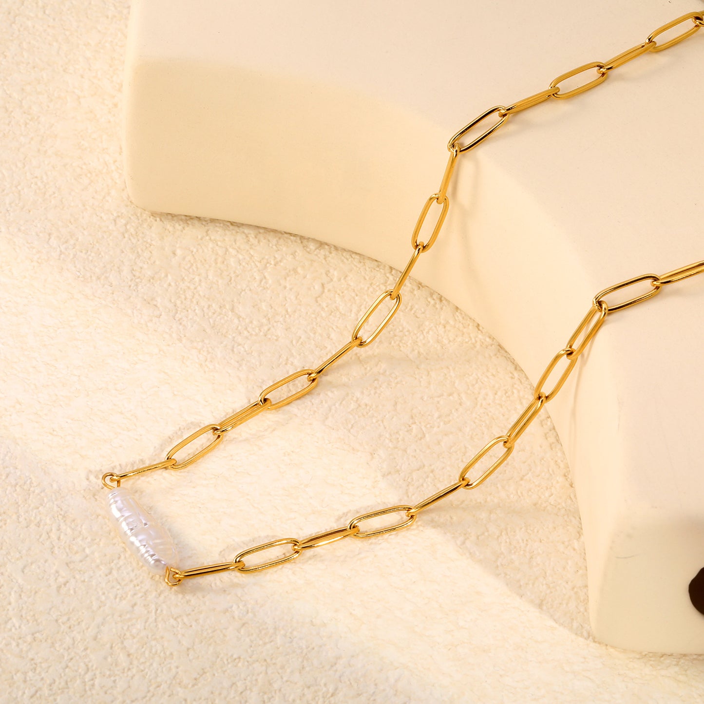 304L Stainless Steel 7.3mm Width Paperclip Chain Real Baroque Pearl Necklaces