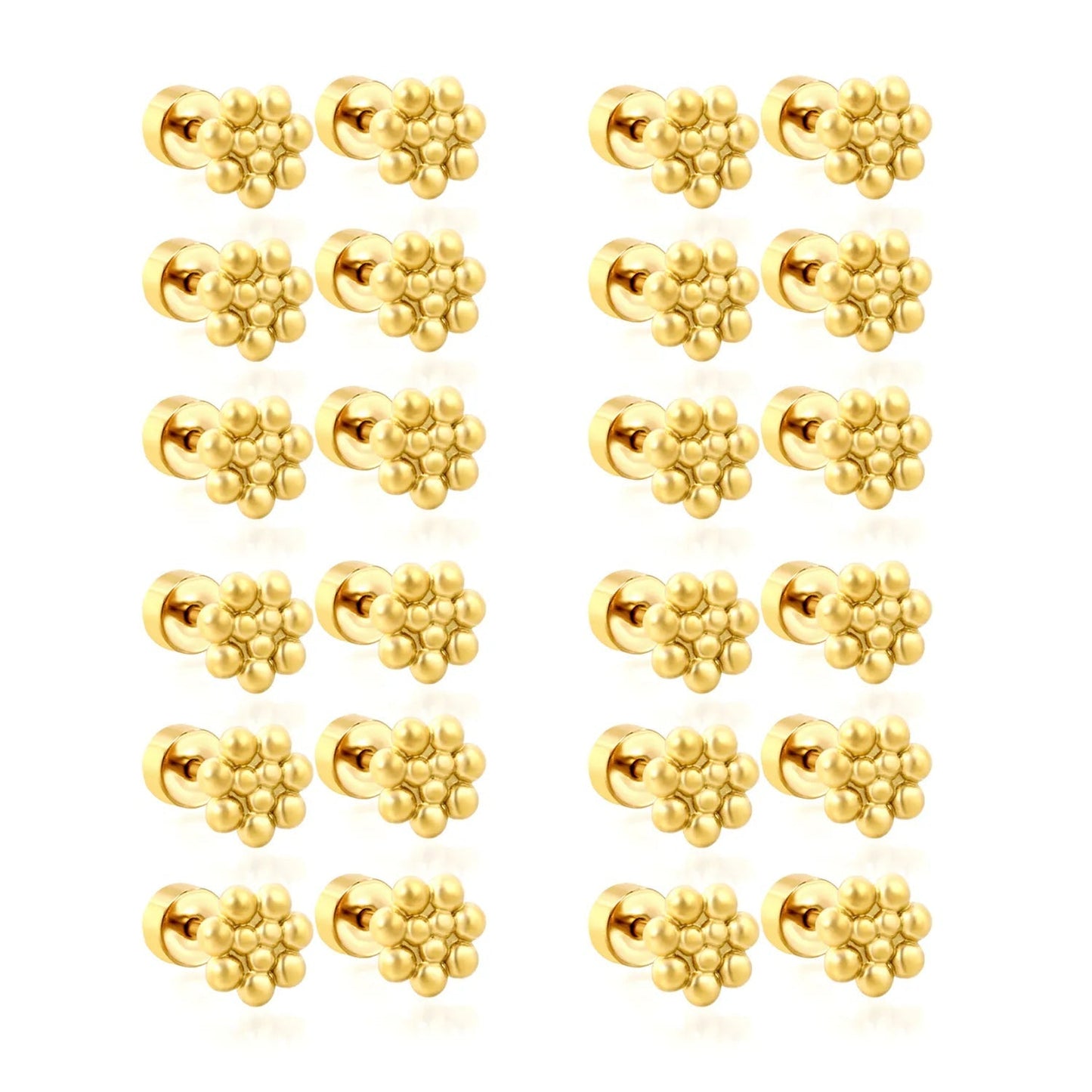 Set of 12 Stainless Steel Stud Earrings | Screw-Back Flower Bead Design