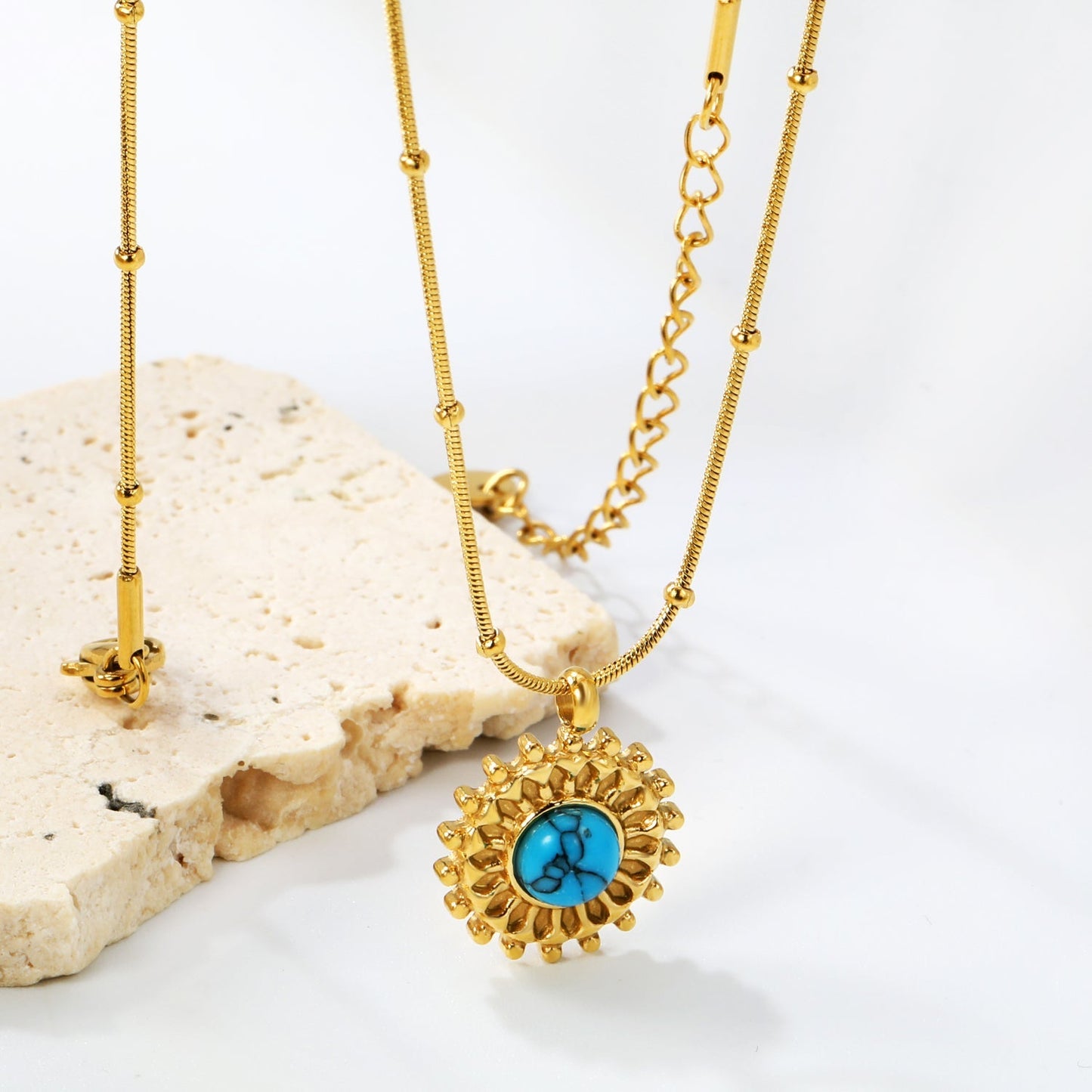 Tarnish-Free Turquoise Sunflower Pendant Necklace | Hypoallergenic Stainless Steel