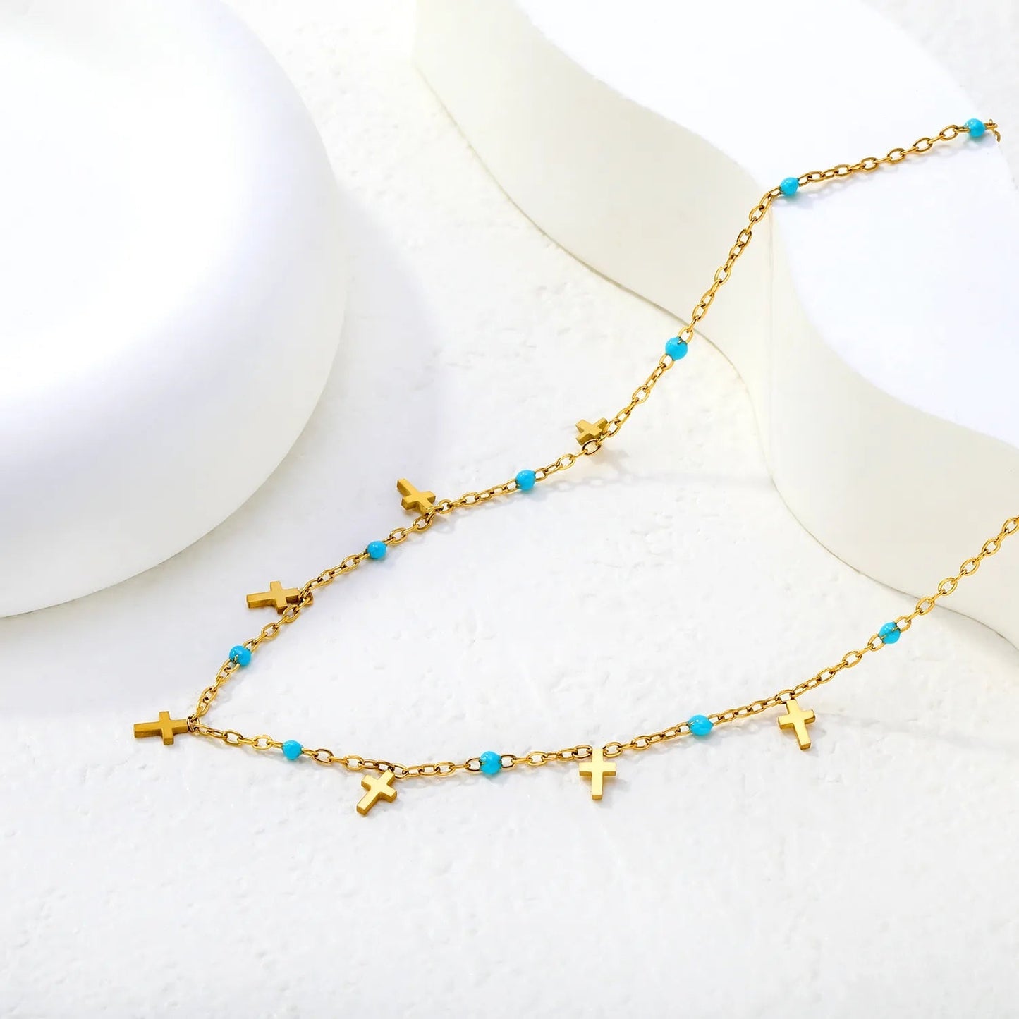Turquoise Bead & Cross Stainless Steel Dainty Necklace