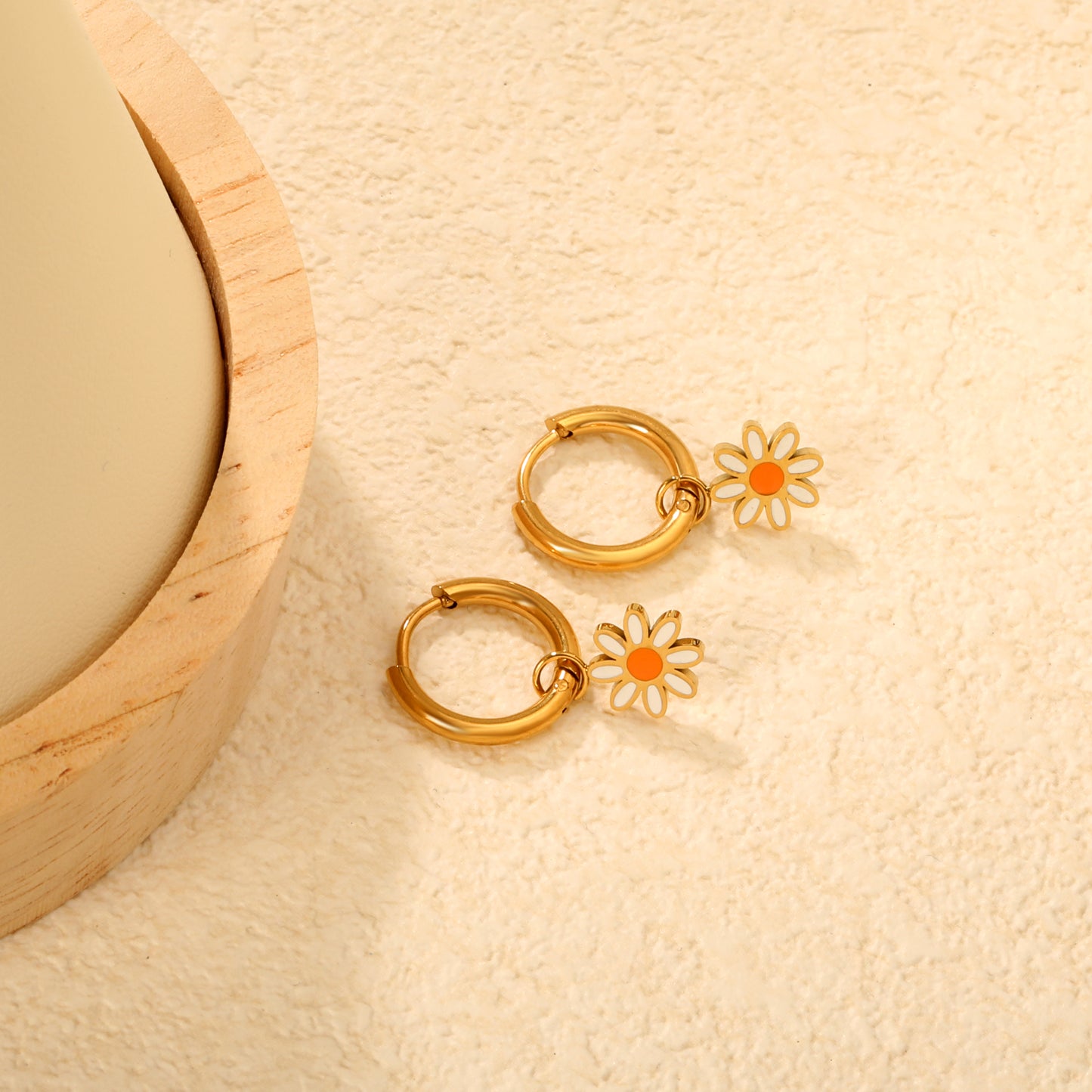 Wholesale Waterproof PVD Gold Orange Daisy Flower Hoop Earrings