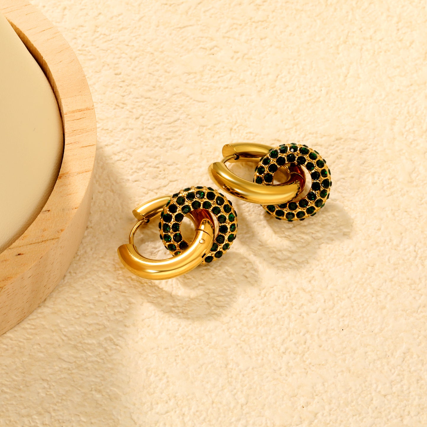 Wholesale Double Interlocking Hoop Earrings PVD Gold Crystal Tarnish FreeClose-ups of the gold plating and details_green