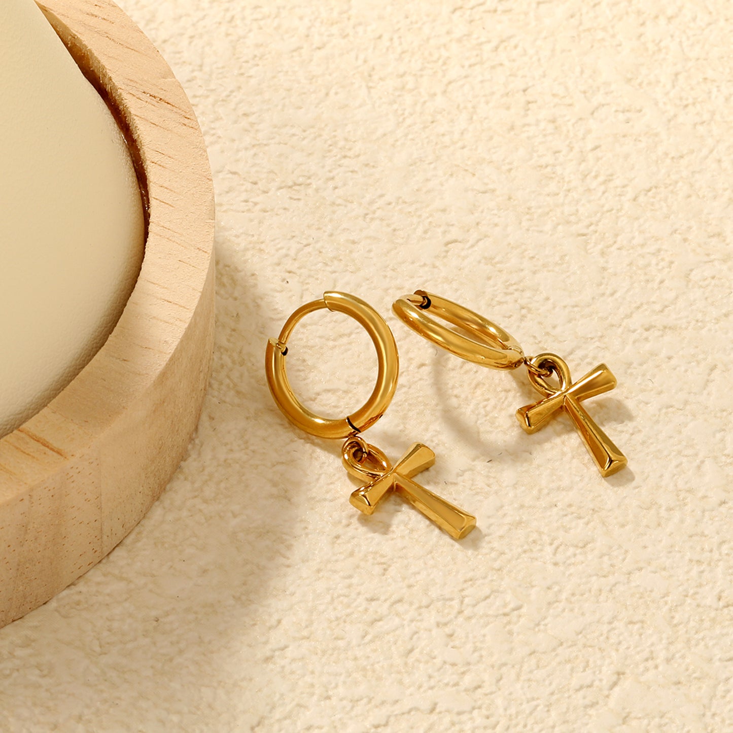 Wholesale Stainless Steel Contemporary Enamel Cross Hoop EarringsClose-ups of the gold plating and details