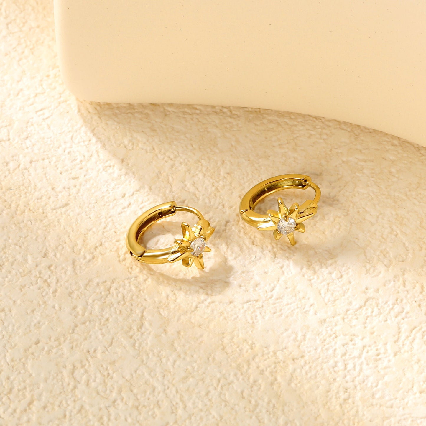 Wholesale Stainless Steel Luxe Octagram Zircon Hoop EarringsClose-ups of the gold plating and details