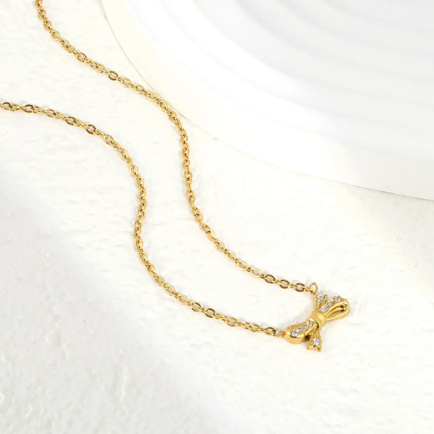 Tiny Bow CZ Necklace | 304L Steel Gold Plated Daily Wear 40cm