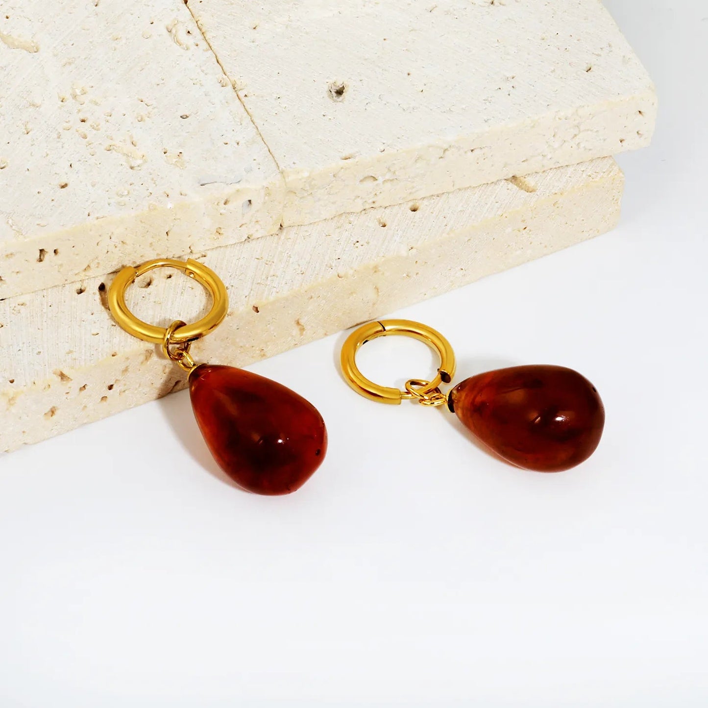Bulk amber swirl texture teardrop resin drop hoop earrings 304L
