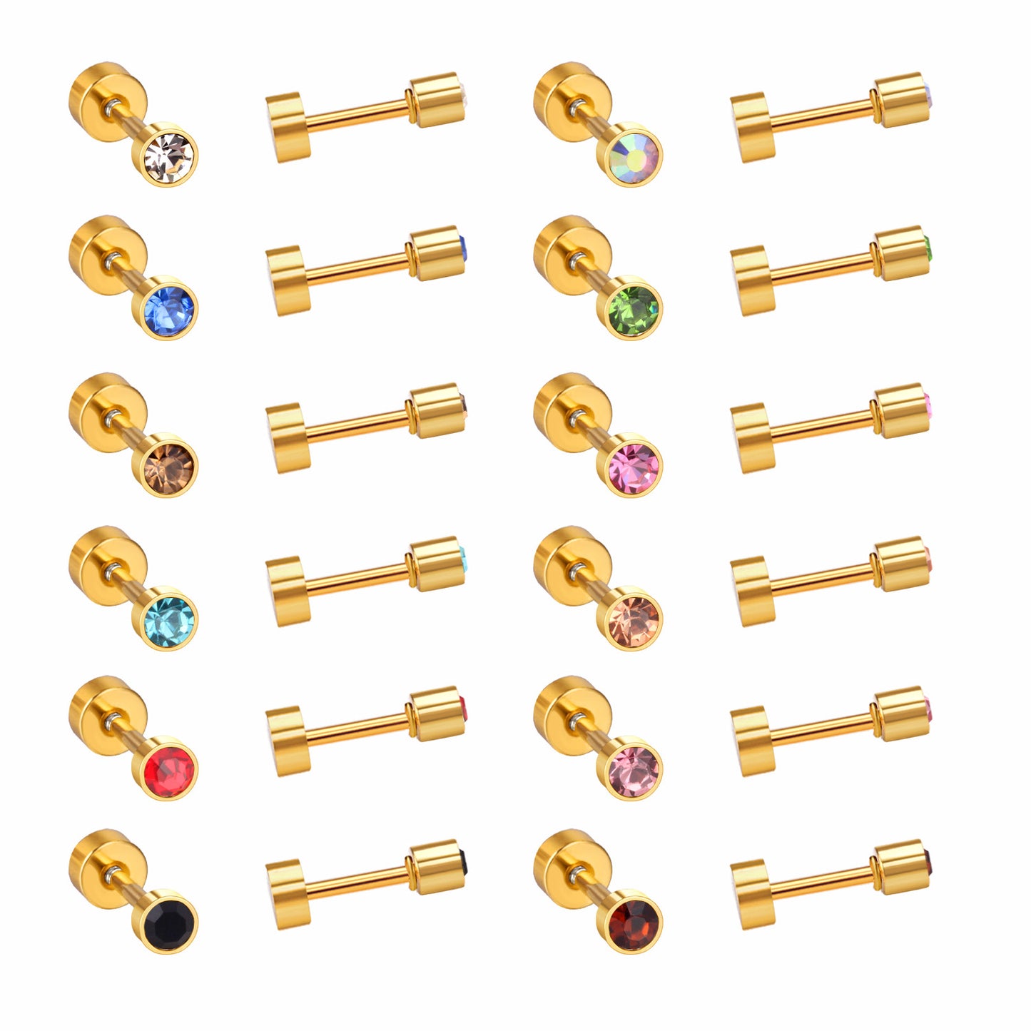 Wholesale Golden Stud Earrings with Multicolored Gemstones