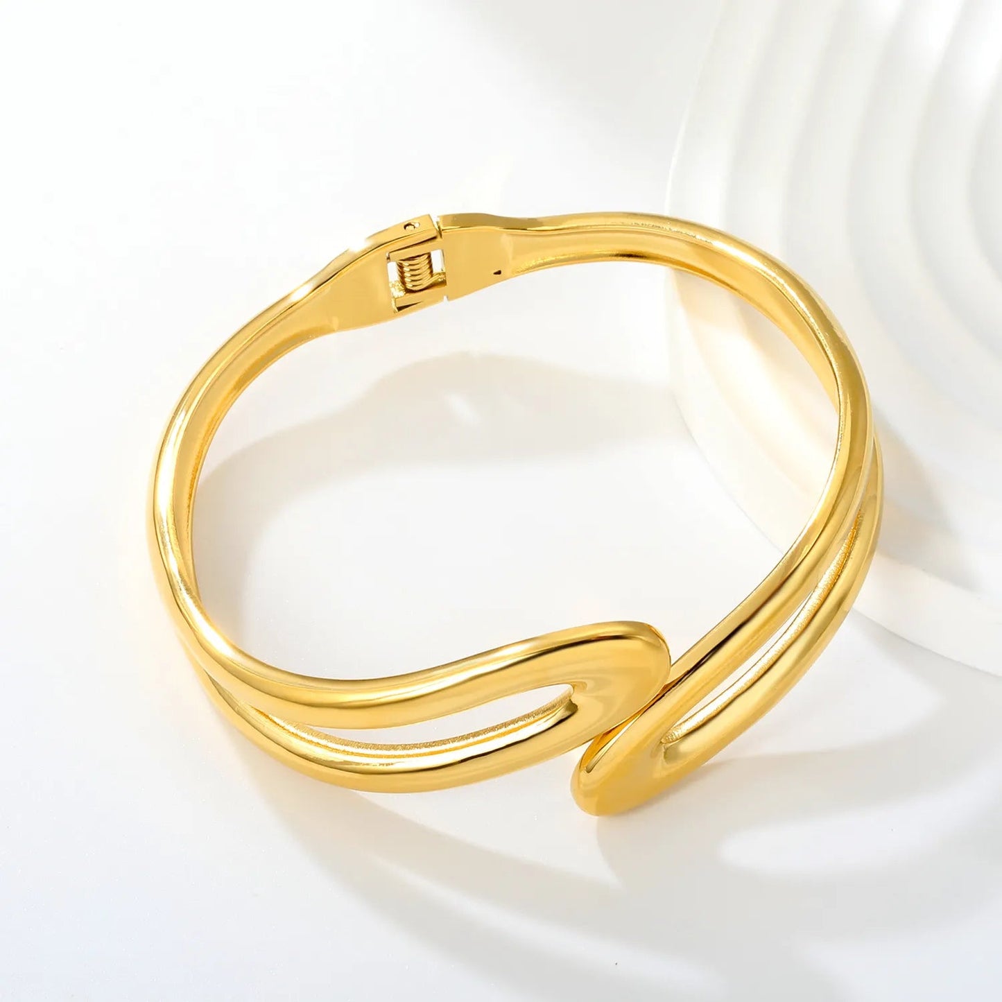 Architectural Double Line Open Cuff Bangle Sculptural Parallel Wire Gold Bangle Waterproof