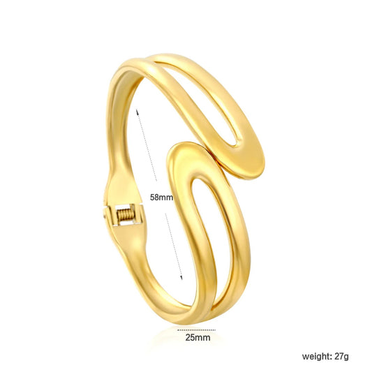 Architectural Double Line Open Cuff Bangle Sculptural Parallel Wire Gold Bangle Waterproof