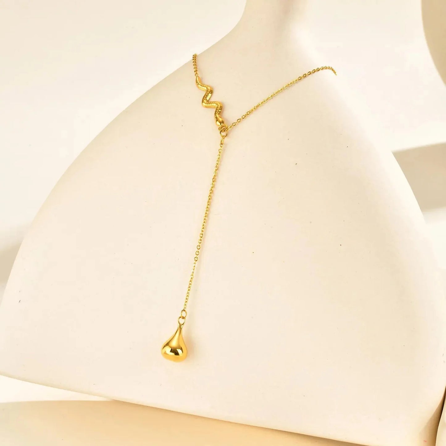 Wholesale Waterproof PVD Gold Sculpted Snake & Drop Y-Necklace