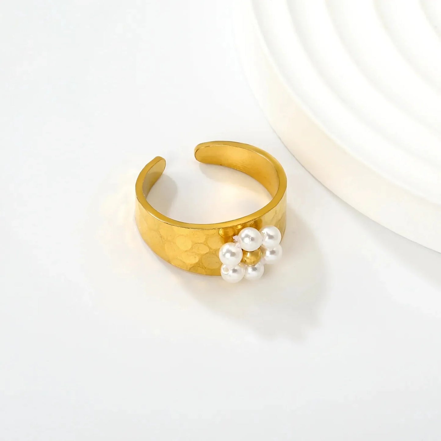 Pearl Crystal Flower Ring Set 304L Stainless Steel Gold Adjustable