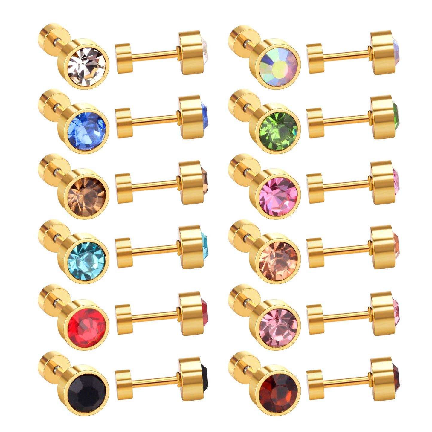 Wholesale Golden Stud Earrings with Multicolored Gemstones