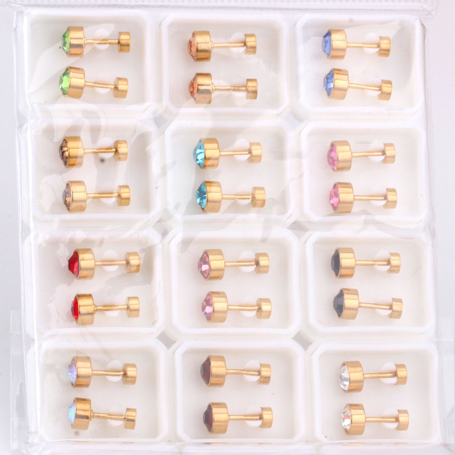 Wholesale Golden Stud Earrings with Multicolored Gemstones