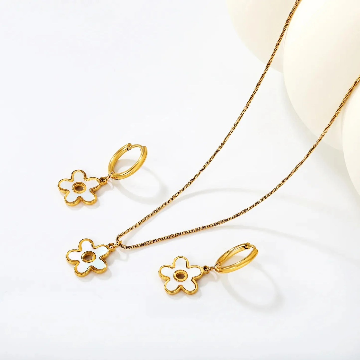 Bulk Gold Plated Flower Jewelry Set 304L Steel with Natural Shell Pendant & Earrings