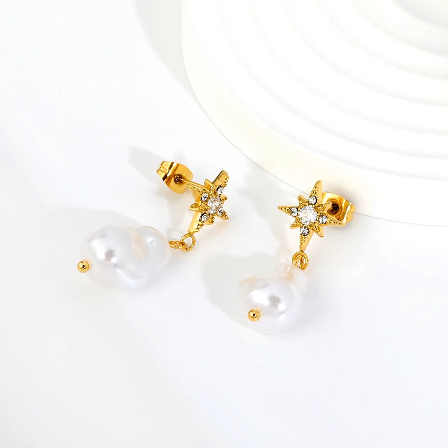 PVD Gold 304L Steel Starburst Frame Inlaid Real Baroque Pearl Dangle Stud Earrings